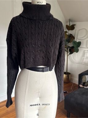 emory park Black Cropped Cable Knit Turtleneck Sweater